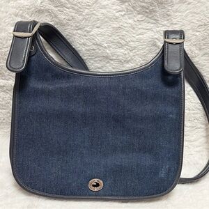 Dark Blue Denim Shoulder Bag with Leather Trim